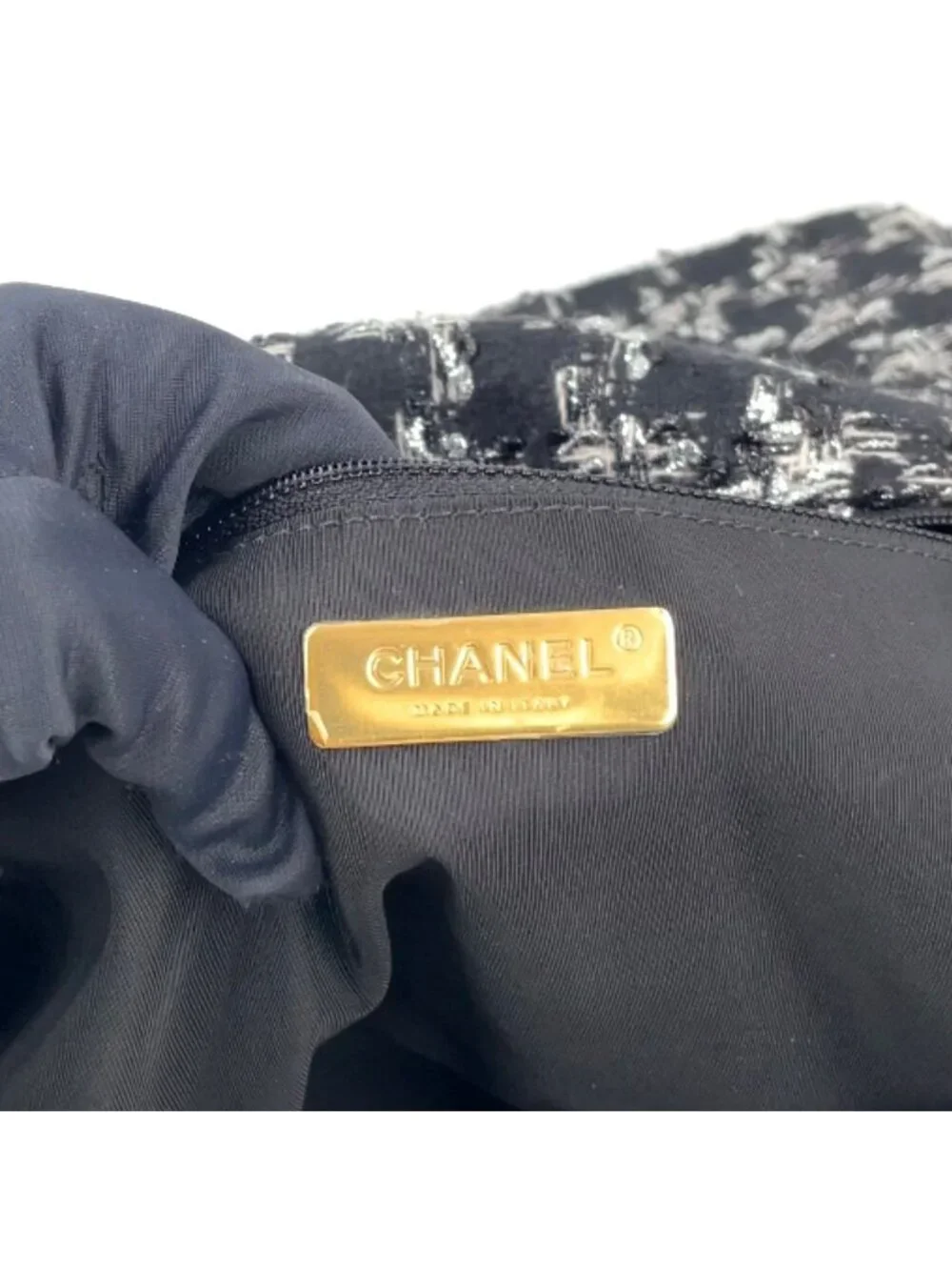 Chanel CC Logo Handle Leather Tweed Black Shoulder Bag Gold